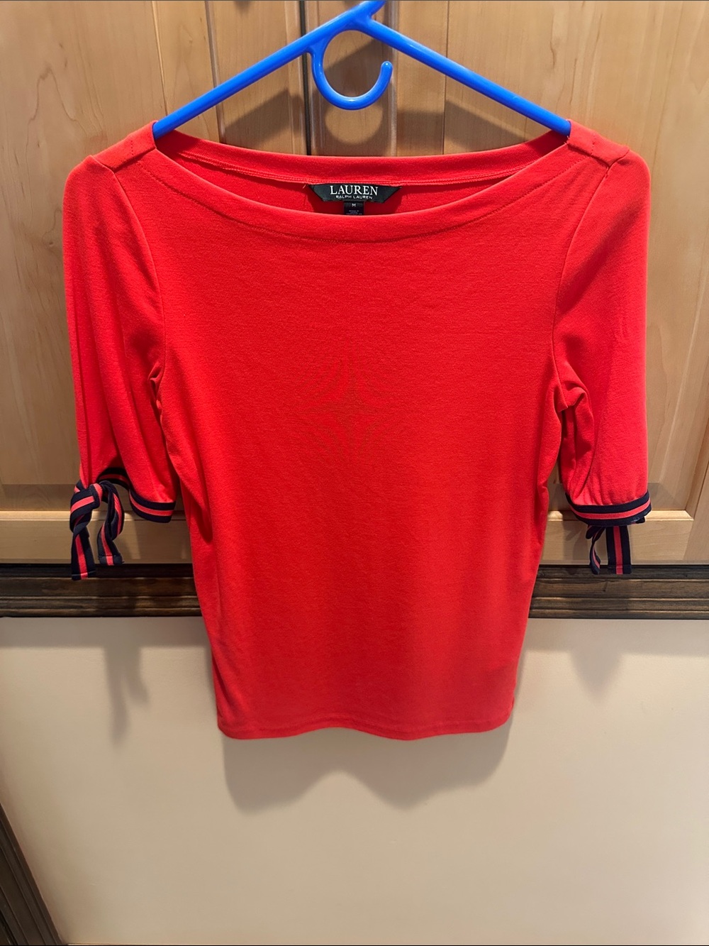 Lauren Ralph Lauren Red Boatneck Short Sleeve Top with Tie Cuffs